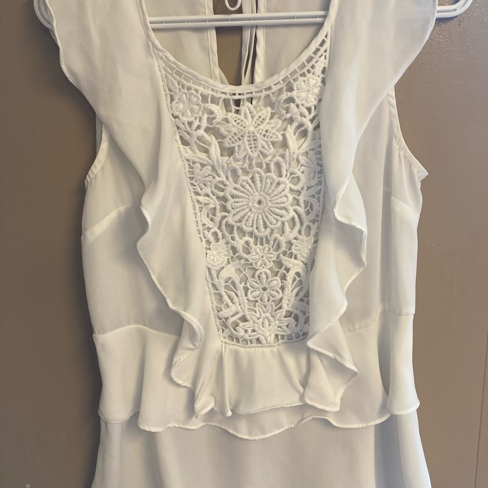 White Sleeveless Ruffle Top with Lace Detail